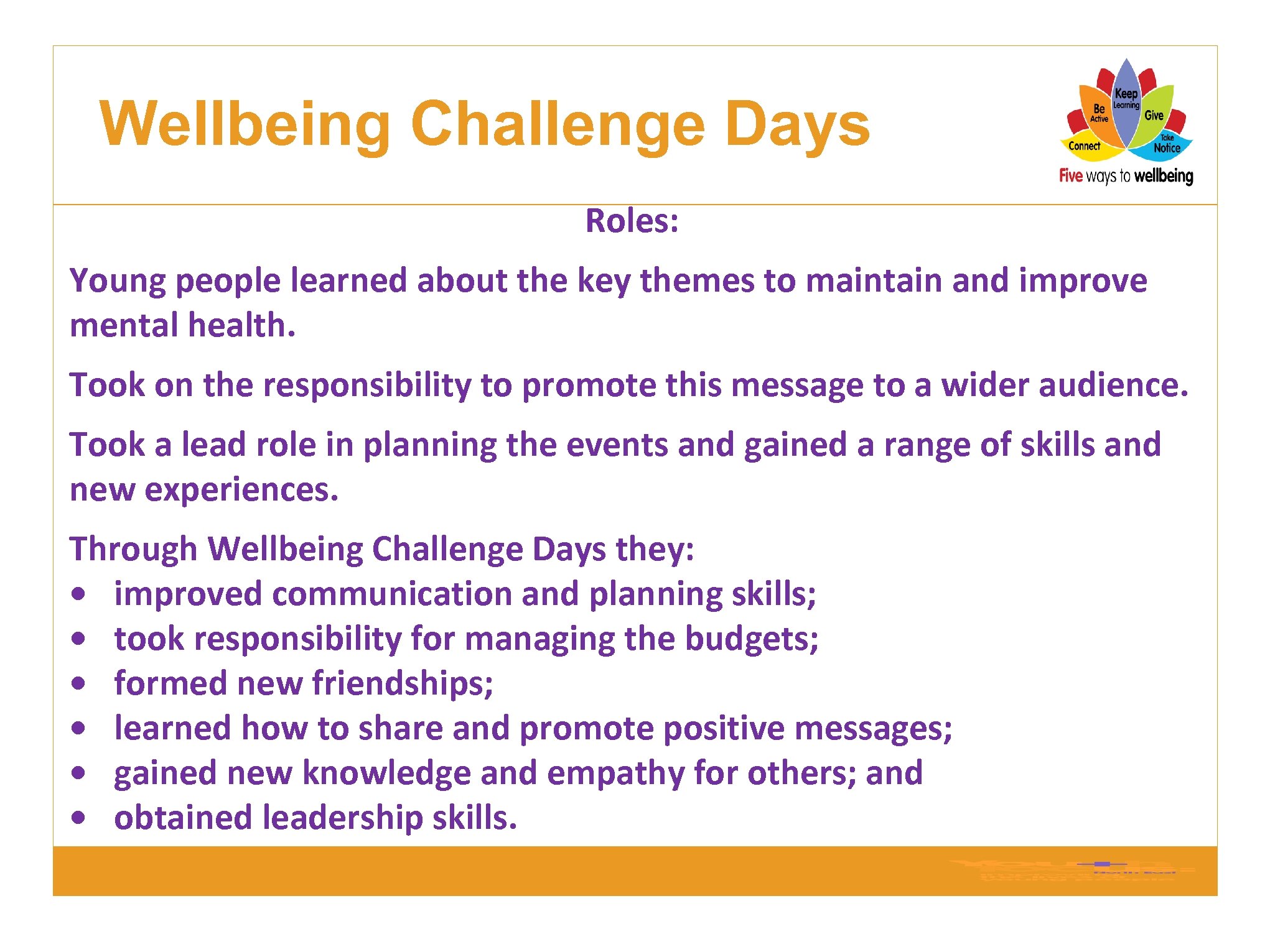 Wellbeing Challenge Days Roles: Young people learned about the key themes to maintain and