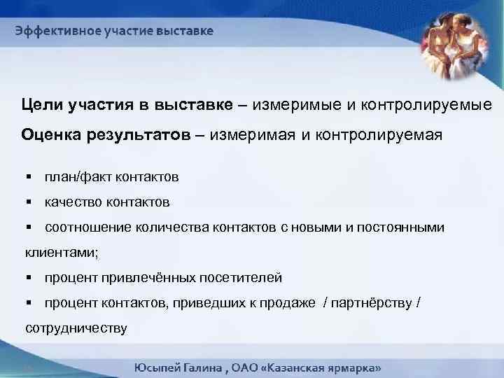 Цели участия в выставке – измеримые и контролируемые Оценка результатов – измеримая и контролируемая