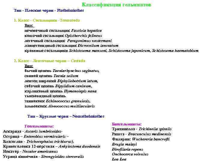 Классификация гельминтов Тип - Плоские черви - Plathelminthes 1. Класс - Сосальщики -Trematoda Вид: