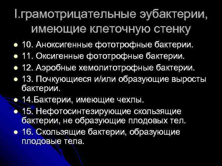 I. грамотрицательные эубактерии, имеющие клеточную стенку 10. Аноксигенные фототрофные бактерии. 11. Оксигенные фототрофные бактерии.