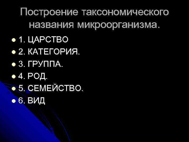 Построение таксономического названия микроорганизма. 1. ЦАРСТВО 2. КАТЕГОРИЯ. 3. ГРУППА. 4. РОД. 5. СЕМЕЙСТВО.