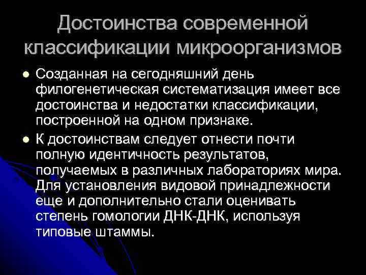 Достоинства современной классификации микроорганизмов Созданная на сегодняшний день филогенетическая систематизация имеет все достоинства и