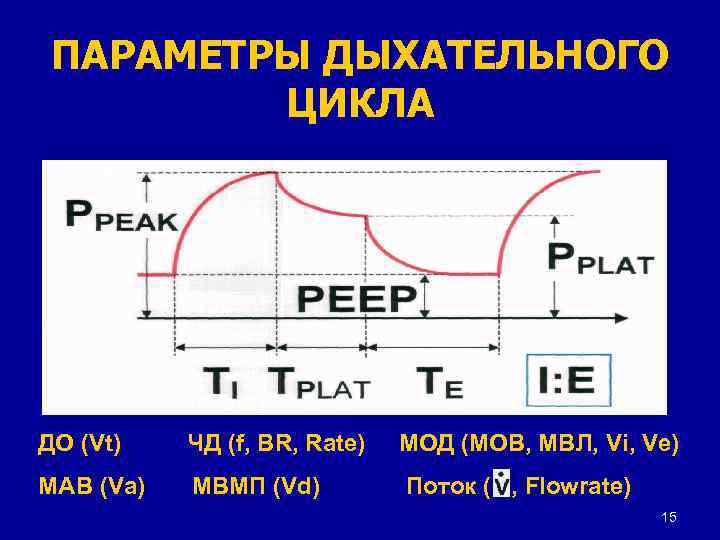 ПАРАМЕТРЫ ДЫХАТЕЛЬНОГО ЦИКЛА ДО (Vt) ЧД (f, BR, Rate) МАВ (Va) МВМП (Vd) МОД