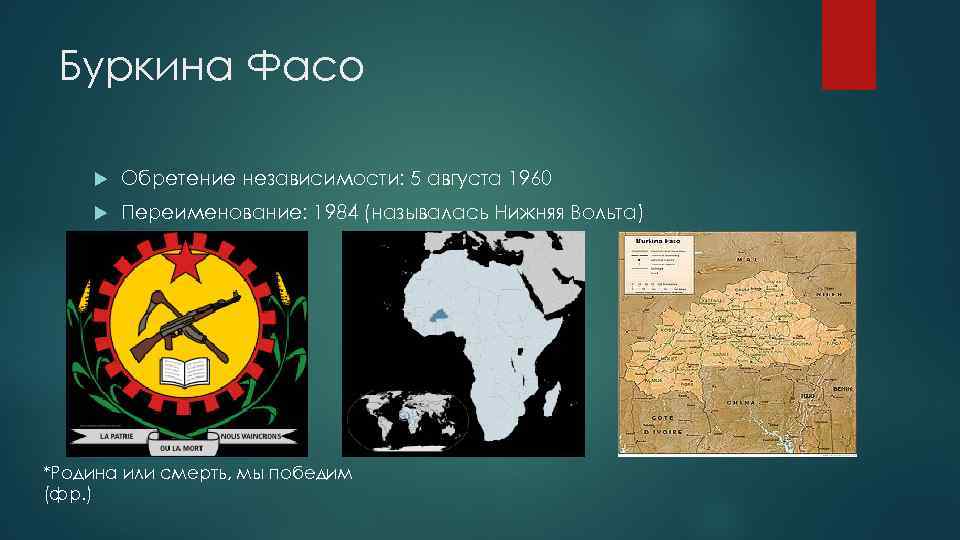 Буркина Фасо Обретение независимости: 5 августа 1960 Переименование: 1984 (называлась Нижняя Вольта) *Родина или