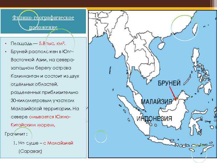 Физико-географическое положение • Площадь — 5, 8 тыс. км². • Бруней расположен в Юго.