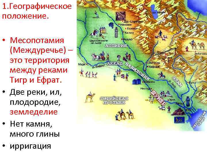 1. Географическое положение. • Месопотамия (Междуречье) – это территория между реками Тигр и Ефрат.