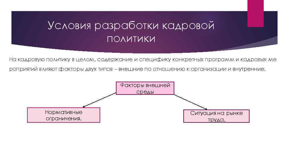 Условия разработки кадровой политики На кадровую политику в целом, содержание и специфику конкретных программ