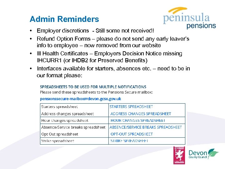 Admin Reminders • Employer discretions - Still some not received! • Refund Option Forms
