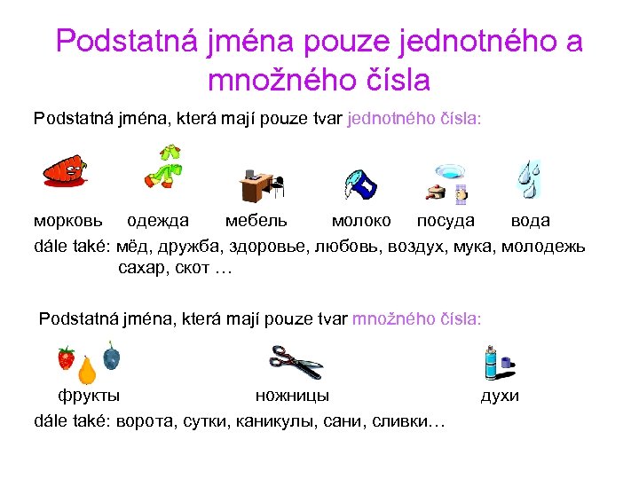 Podstatná jména pouze jednotného a množného čísla Podstatná jména, která mají pouze tvar jednotného