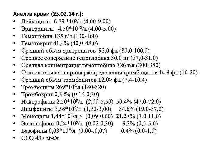 Анализ крови (25. 02. 14 г. ): • Лейкоциты 6, 79 *109/л (4, 00