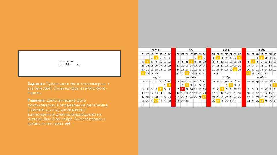 ШАГ 2 Задание: Публикации фото закономерны. 1 раз был сбой. Буква+цифра из этого фото
