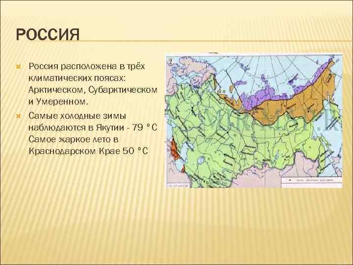 РОССИЯ Россия расположена в трёх климатических поясах: Арктическом, Субарктическом и Умеренном. Самые холодные зимы