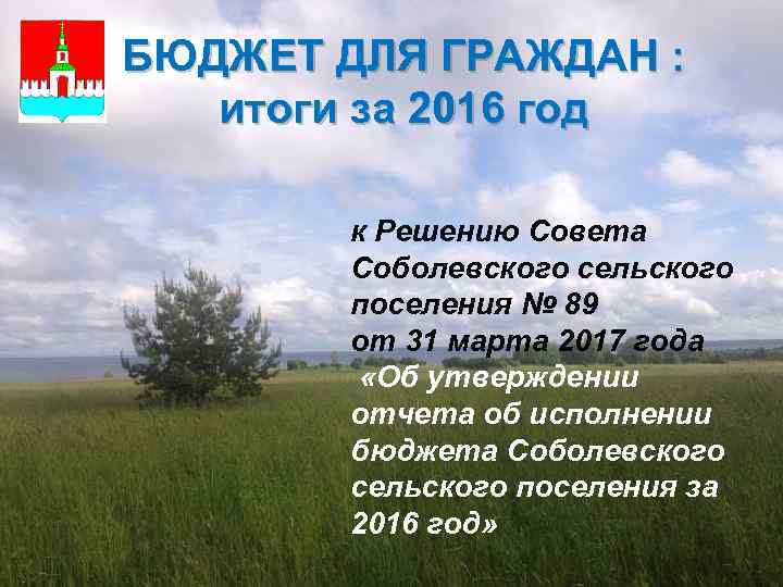 БЮДЖЕТ ДЛЯ ГРАЖДАН : итоги за 2016 год к Решению Совета Соболевского сельского поселения