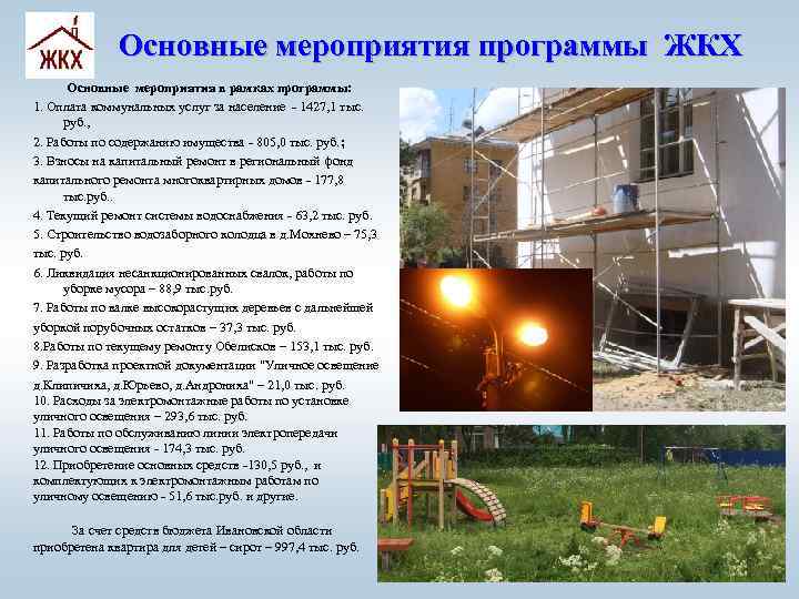 Основные мероприятия программы ЖКХ Основные мероприятия в рамках программы: 1. Оплата коммунальных услуг за