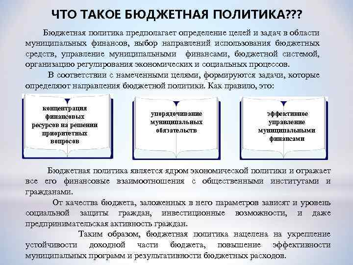 ЧТО ТАКОЕ БЮДЖЕТНАЯ ПОЛИТИКА? ? ? Бюджетная политика предполагает определение целей и задач в