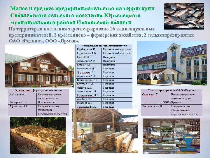 Малое и среднее предпринимательство на территории Соболевского сельского поселения Юрьевецкого муниципального района Ивановской области