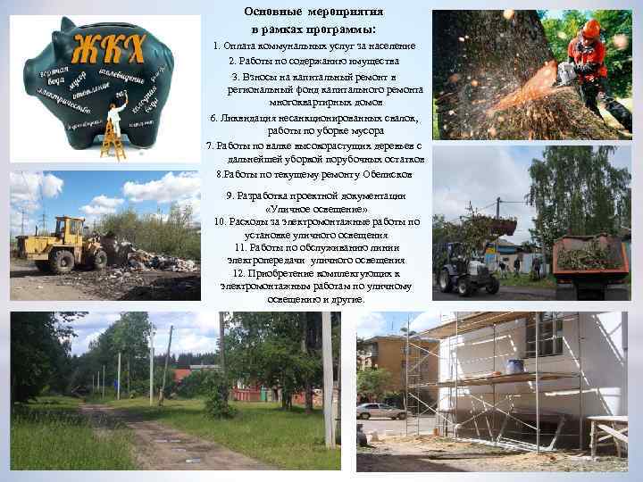 Основные мероприятия в рамках программы: 1. Оплата коммунальных услуг за население 2. Работы по
