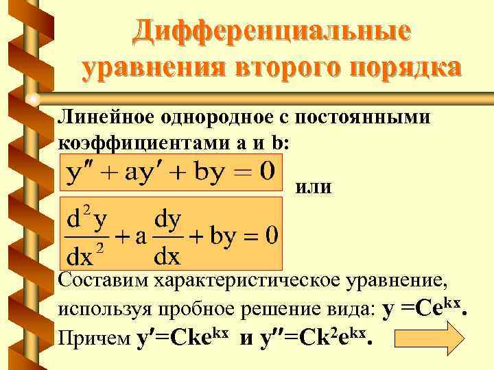 Дифференциальные уравнения второго порядка Линейное однородное с постоянными коэффициентами a и b: или Составим