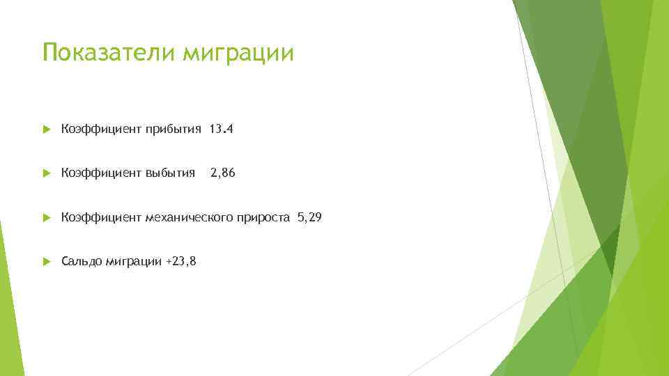 Показатели миграции Коэффициент прибытия 13. 4 Коэффициент выбытия Коэффициент механического прироста 5, 29 Сальдо