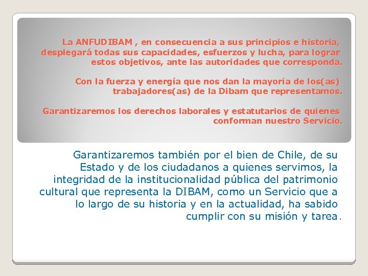 La ANFUDIBAM , en consecuencia a sus principios e historia, desplegará todas sus capacidades,