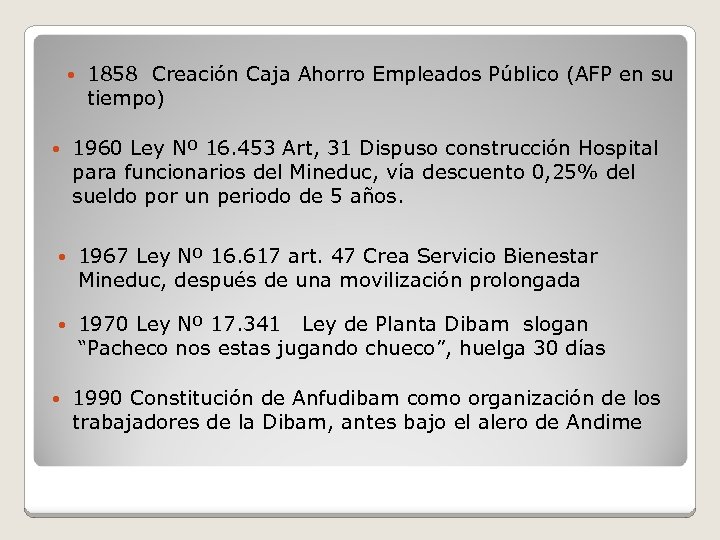  1858 Creación Caja Ahorro Empleados Público (AFP en su tiempo) 1960 Ley Nº