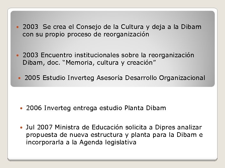  2003 Se crea el Consejo de la Cultura y deja a la Dibam