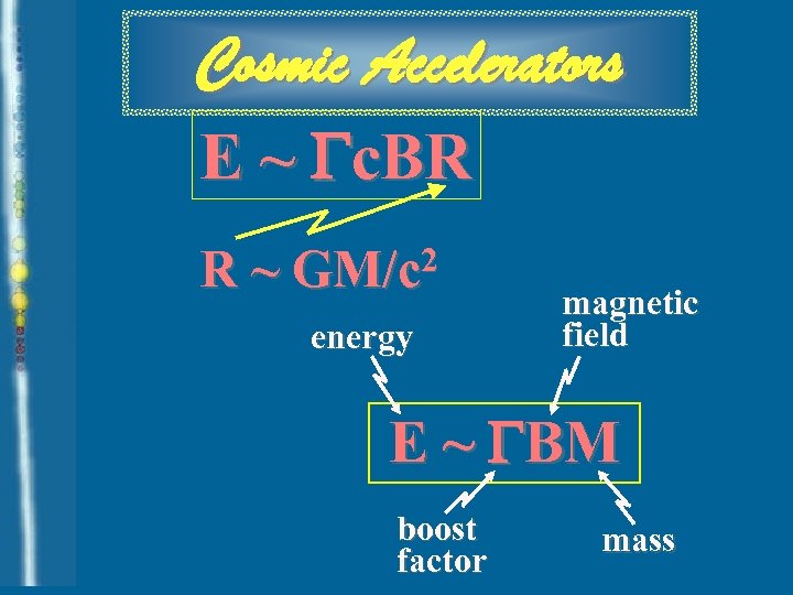 Cosmic Accelerators E ~ Gc. BR R~ 2 GM/c energy magnetic field E ~