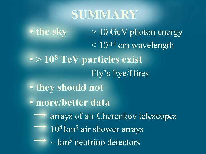 SUMMARY • the sky > 10 Ge. V photon energy < 10 -14 cm