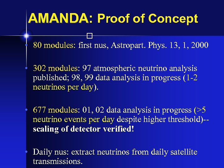 AMANDA: Proof of Concept AMANDA • 80 modules: first nus, Astropart. Phys. 13, 1,