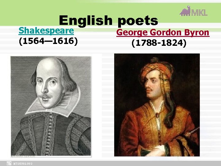 English poets Shakespeare (1564— 1616) George Gordon Byron (1788 -1824) 