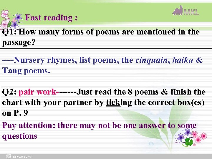 Fast reading : Q 1: How many forms of poems are mentioned in the