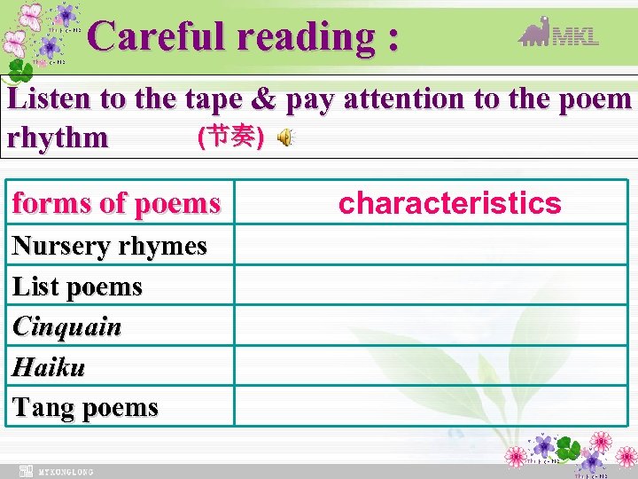 Careful reading : Listen to the tape & pay attention to the poem (节奏)