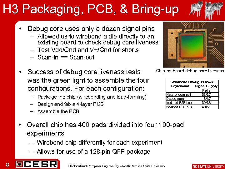 H 3 Packaging, PCB, & Bring-up • Debug core uses only a dozen signal