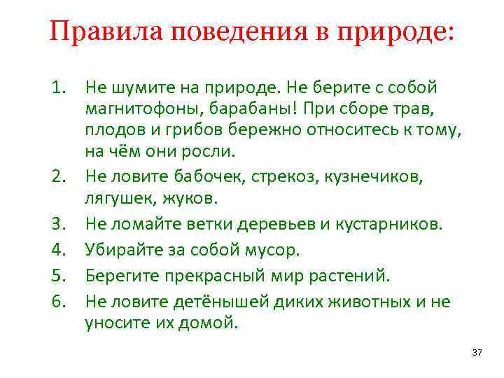 Правила поведения в природе: 1. Не шумите на природе. Не берите с собой магнитофоны,