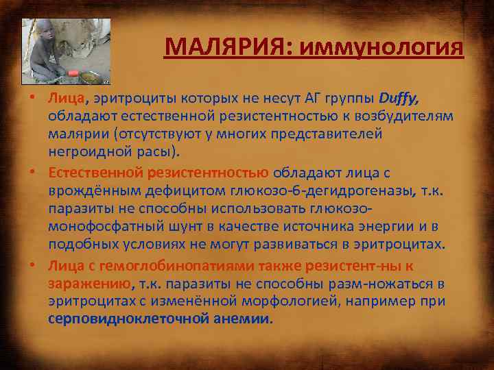 МАЛЯРИЯ: иммунология • Лица, эритроциты которых не несут АГ группы Duffy, обладают естественной резистентностью