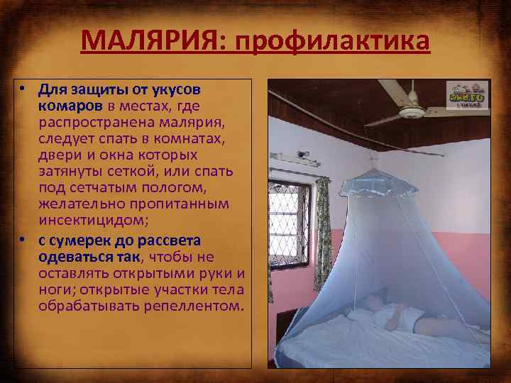 МАЛЯРИЯ: профилактика • Для защиты от укусов комаров в местах, где распространена малярия, следует