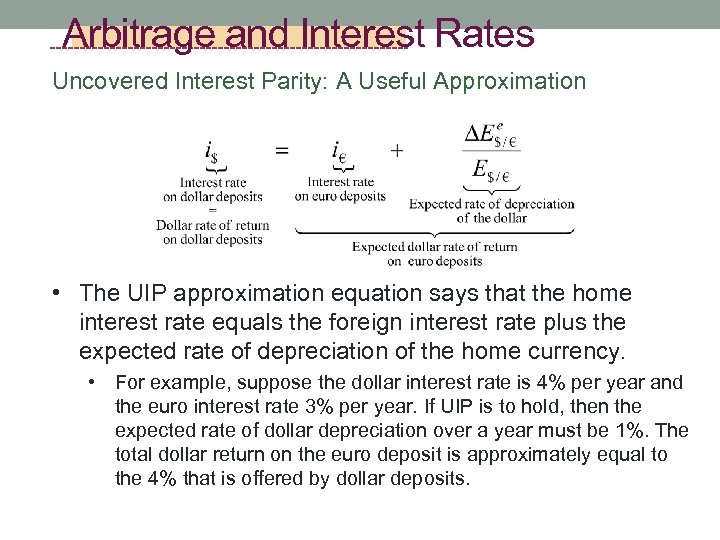 Arbitrage and Interest Rates Uncovered Interest Parity: A Useful Approximation • The UIP approximation