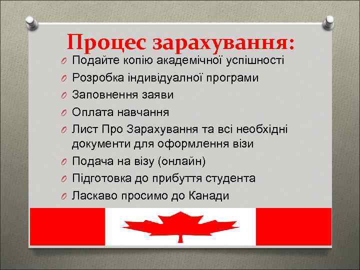 Процес зарахування: O Подайте копію академічної успішності O Розробка індивідуалної програми O Заповнення заяви