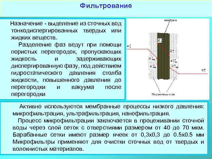 Фильтрование Назначение - выделение из сточных вод тонкодиспергированных твердых или жидких веществ. Разделение фаз