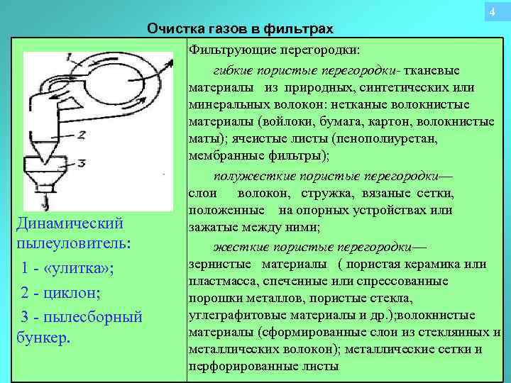 4 Очистка газов в фильтрах Фильтрующие перегородки: гибкие пористые перегородки- тканевые материалы из природных,