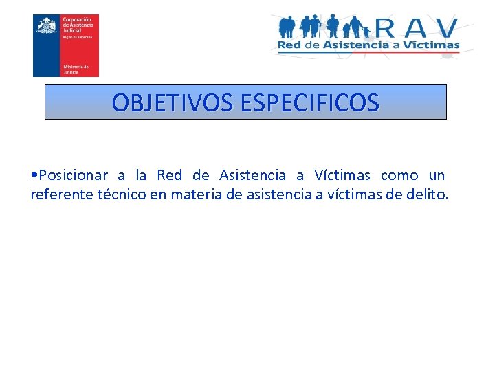 OBJETIVOS ESPECIFICOS • Posicionar a la Red de Asistencia a Víctimas como un referente