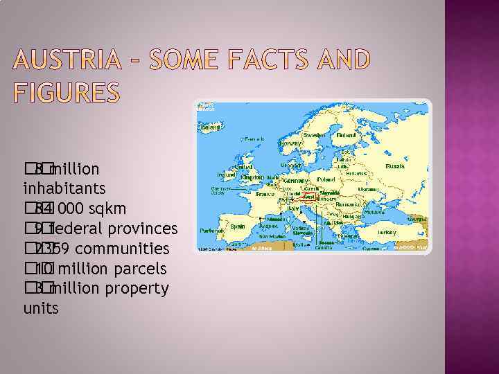  8 million inhabitants 000 sqkm 84 9 federal provinces communities 2359 million parcels