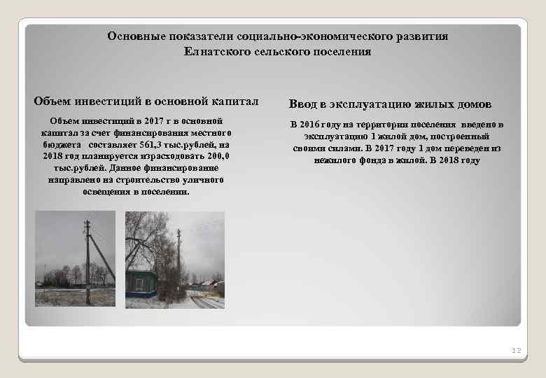 Основные показатели социально-экономического развития Елнатского сельского поселения Объем инвестиций в основной капитал Объем инвестиций