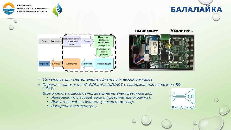 БАЛАЛАЙКА Вычислите ль Усилитель • 16 каналов для снятия электрофизиологических сигналов; • Передача данных