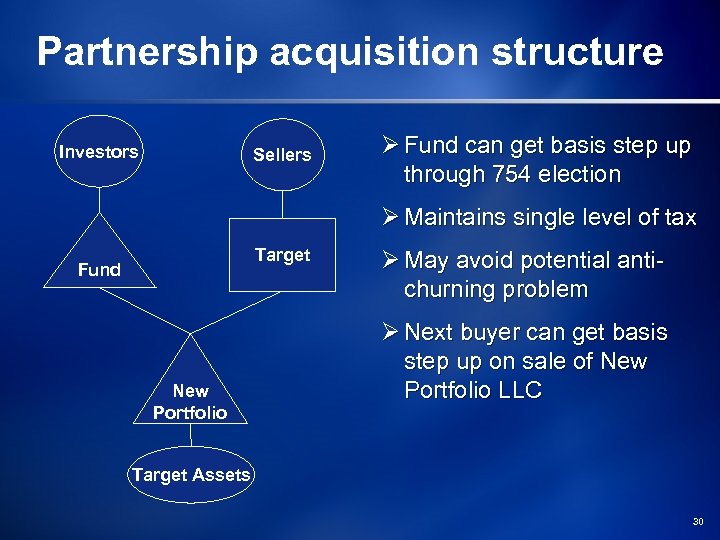 Partnership acquisition structure Investors Sellers Ø Fund can get basis step up through 754