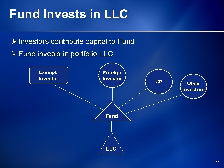 Fund Invests in LLC Ø Investors contribute capital to Fund Ø Fund invests in