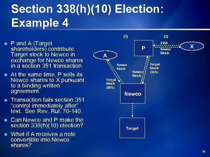 Section 338(h)(10) Election: Example 4 (1) P and A (Target shareholders) contribute Target stock