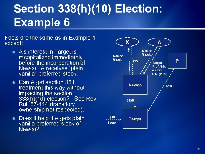 Section 338(h)(10) Election: Example 6 Facts are the same as in Example 1 except: