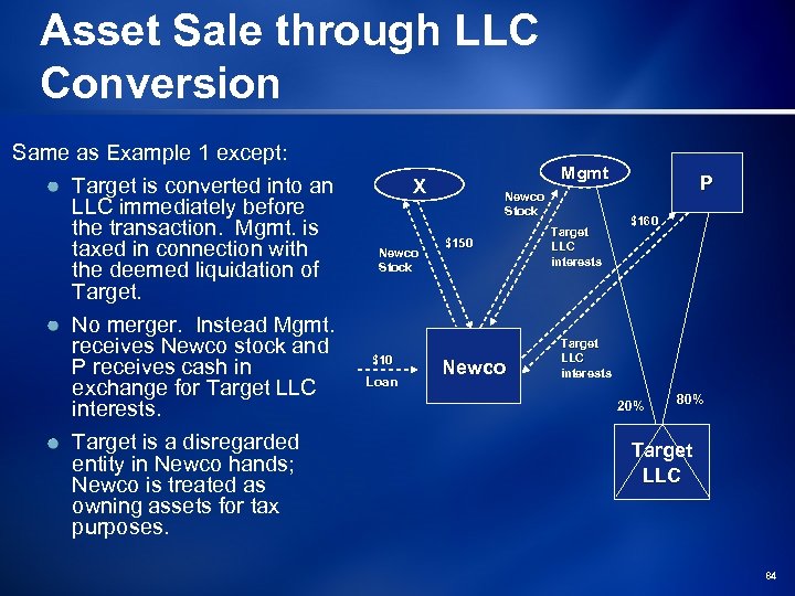 Asset Sale through LLC Conversion Same as Example 1 except: Target is converted into