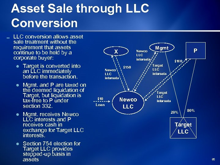 Asset Sale through LLC Conversion LLC conversion allows asset sale treatment without the requirement